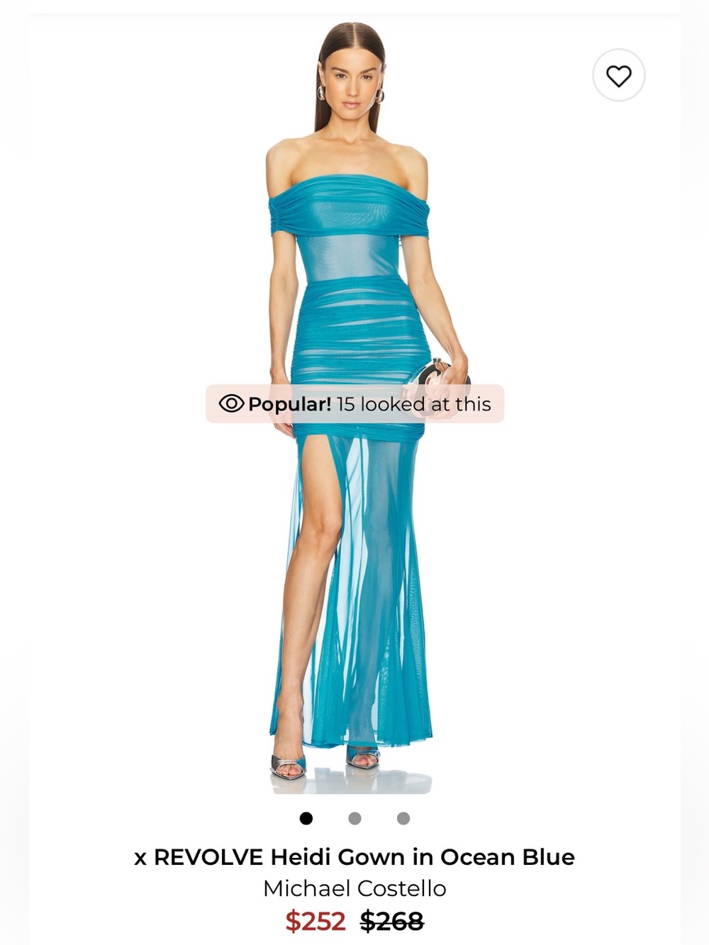 Michael Costello x Revolve Heidi Gown Ocean Blue Mesh Ruched Off Shoulder Small